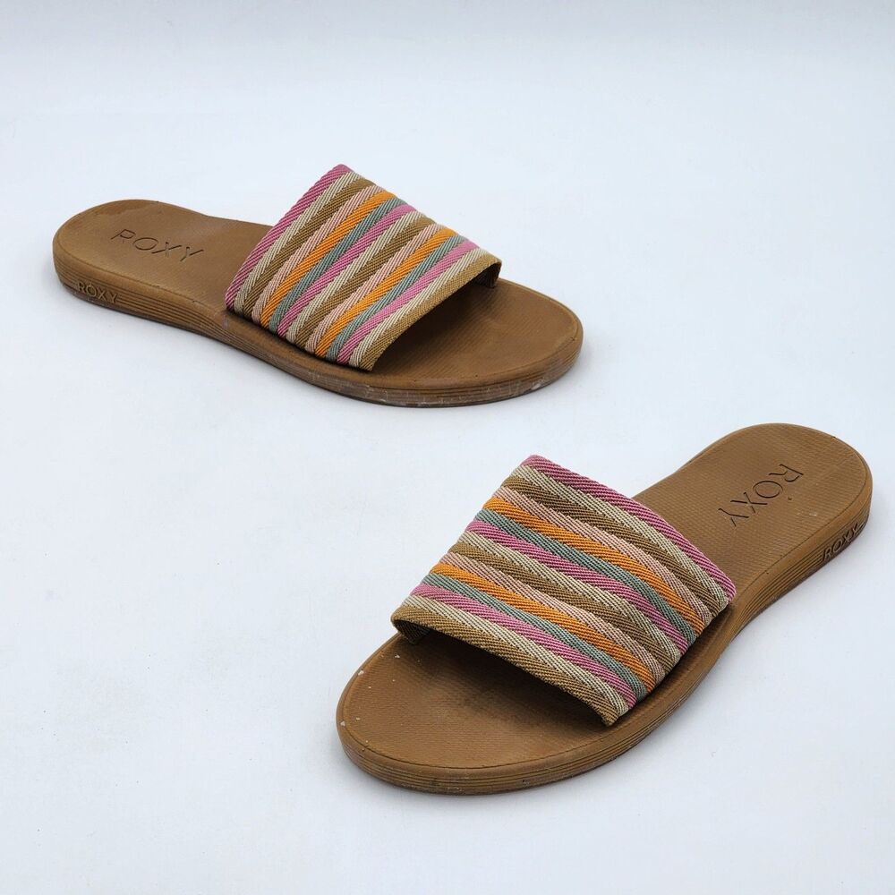 Roxy Beachie Breeze Casual Slide Sandals Striped Crazy Pink Tan Size 9